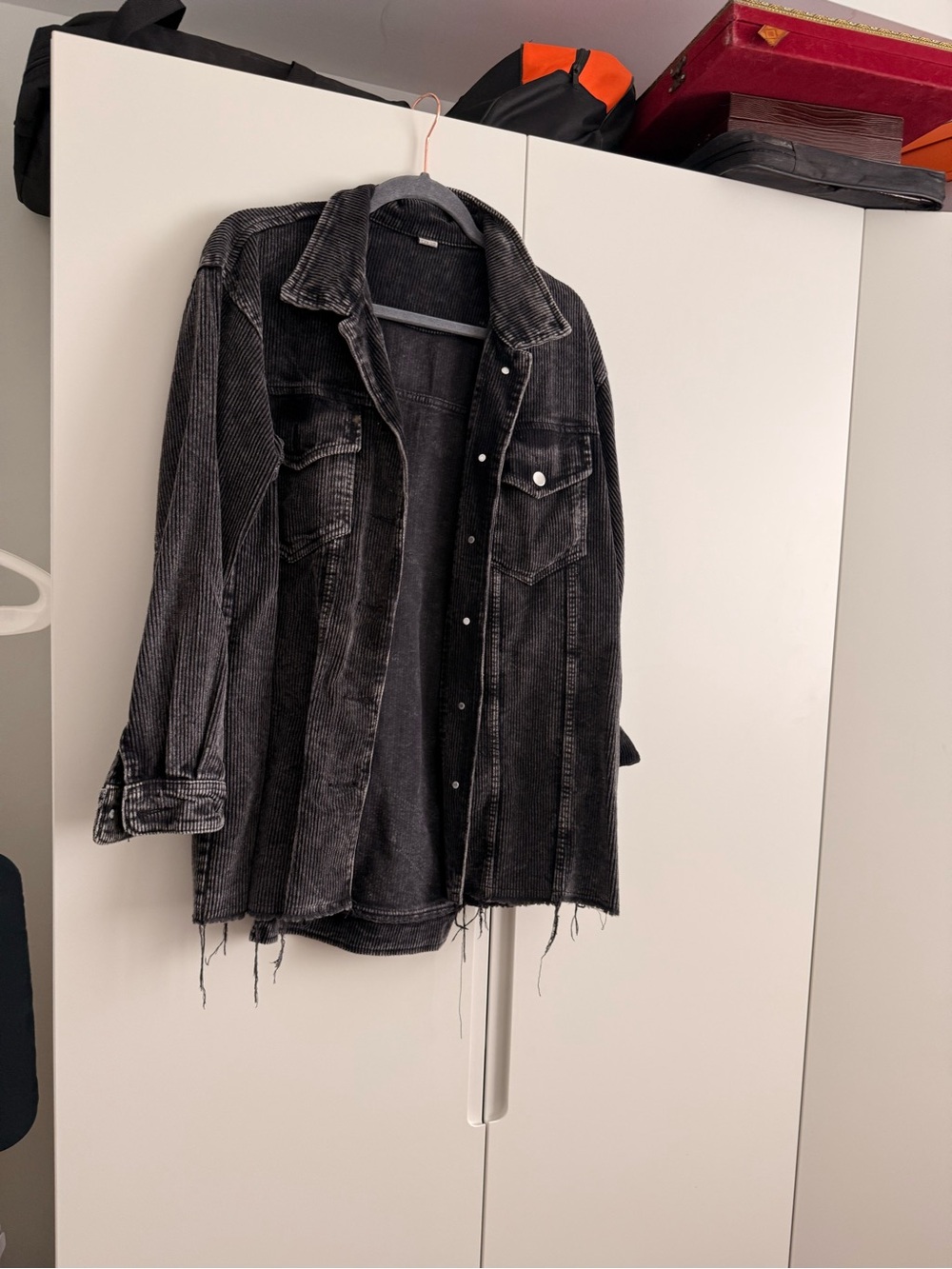 Washed Black Corduroy Shacket with Raw Hem